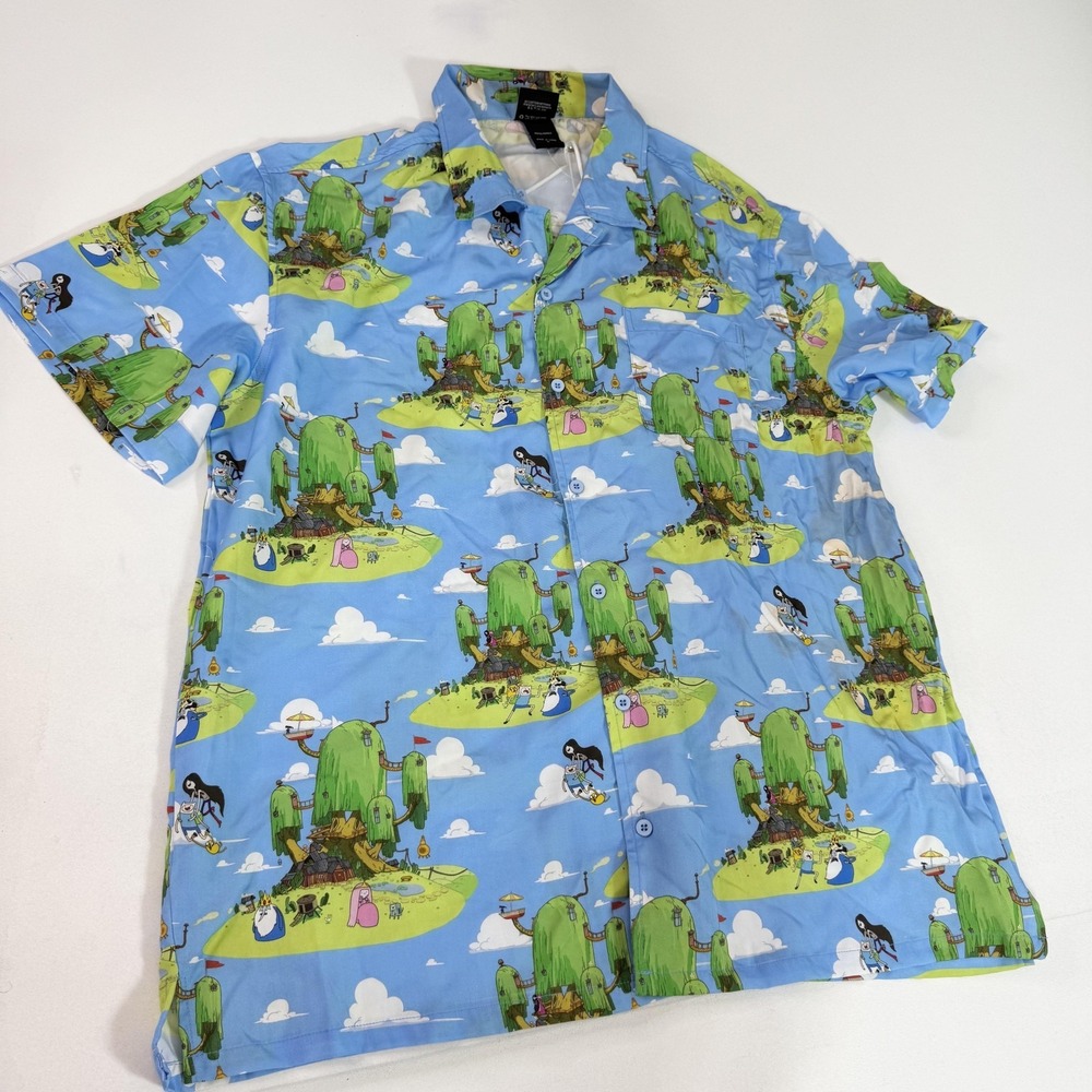 Adventure Time Cartoon Network Shirt Womens Large Blue All Over Print Button Up